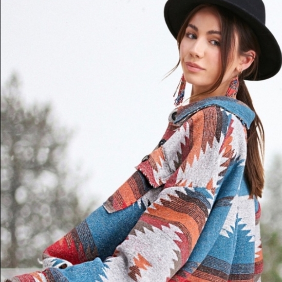 New Aztec Distressed Flannel Jacket Coat Shacket Button Up Top Blue Red - Picture 7 of 13